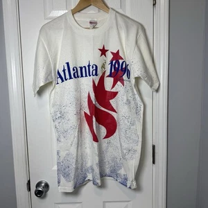Vintage 1996 Atlanta Olympics T-Shirt XL Single Stitch USA Paint Splatter New Stain - Bild 1 von 9