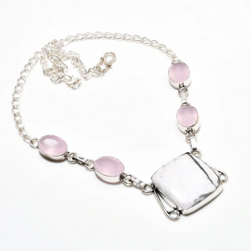 Colar folheado a prata 925 Howlite jaspe, pedra preciosa calcedônia rosa 18" - Imagem 1 de 1