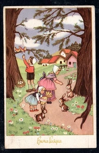 Cartolina  Augurale Buona Pasqua Bambine Lepri  (AA184) - Picture 1 of 2