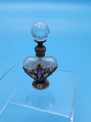 Vintage Jeweled Perfume Bottle Frosted Glass Brass Filigree Purple Stone Stopper - Image 1 of 4