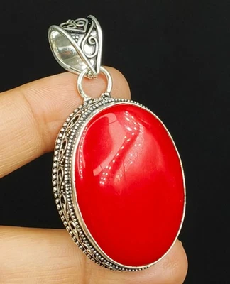 925 Sterling Silver Natural Red Coral Gemstone Pendant - Imagem 1 de 4