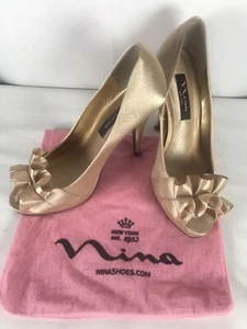 EUC Nina Gold Royal Satin Ruffle Peep Toe Pageant Formal High Heel Sizse 7.5M - Picture 1 of 10