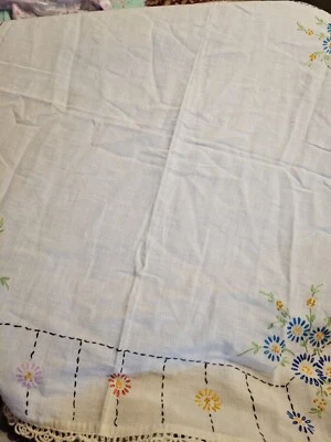 White Cotton Linen Tablecover Embroidered Multicolor Floral  Edging 29in  - Image 1 of 4
