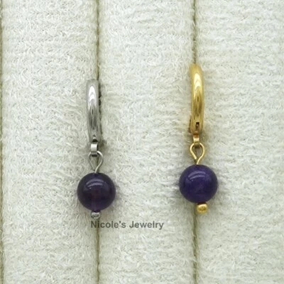 Handmade Pair Natural Amethyst Stainless Steel Huggies Dangle Earrings - image 1 of 3