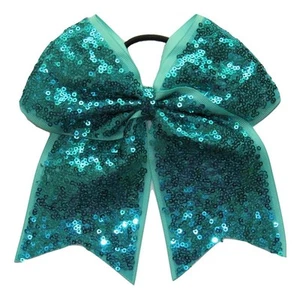 NUEVO "FANCY SEQUIN Ocean Teal" Cheer Bow Pony Tail 3" Ribbon Girls Cheerleading - Imagen 1 de 1
