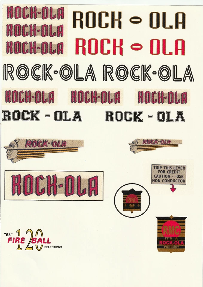JUKEBOX ROCK-OLA   19  DECAL SHEET  LOGOS  RMC FIREBALL SHUFFLEBOARD SPEAKER ECT - Image 1 of 1