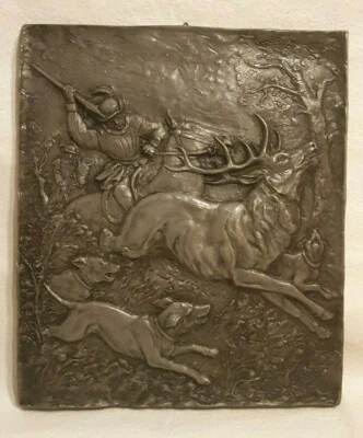 H. KAHLE Wandrelief Bild JAGDSZENE Gipsguss lackiert 38x44 cm - Bild 1 von 4