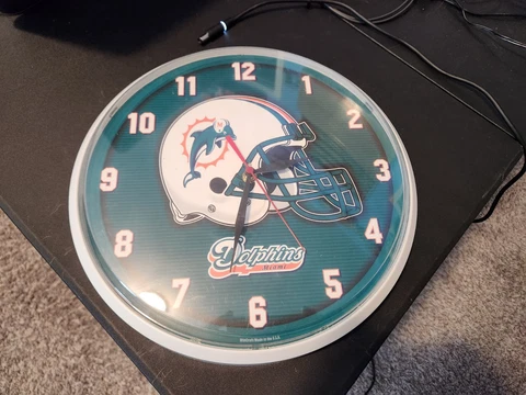 Wincraft Miami Dolphins NFL Round Wall Clock 12" across Excellent Condition Cover