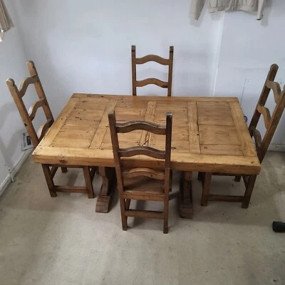 HANDMADE MEXICAN PINE FARMHOUSE TABLE/ 4 CHAIRS. - Image 1 of 4