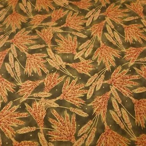 Autumn Glow BTY Quilting Treasures Brown with Gold Metallic Wheat on Sage Green - Picture 1 of 3