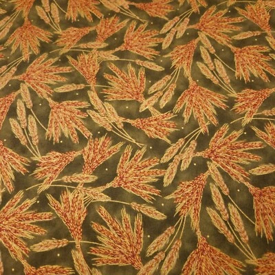 Autumn Glow BTY Quilting Treasures Brown with Gold Metallic Wheat on Sage Green - Image 1 of 3
