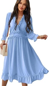 MOPOOGOSS Womens Fall Spring Summer Sexy V Neck Ruffle Long Sleeve Short Sleeve - Picture 1 of 5