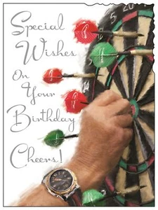 Jonny Javelin Open Male Birthday Card - Man, Red Darts & Dartboard 7.25" x 5.5" - Picture 1 of 2