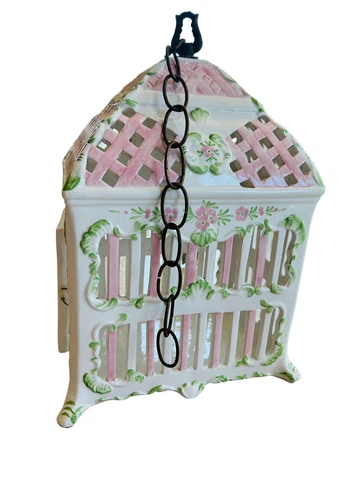 Vintage Porcelain Birdcage From Italy White Pink Green Lattice Hand painted Cover