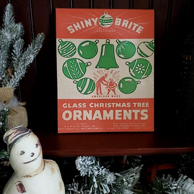 OLD VINTAGE RETRO STYLE SHINY BRITE ORNAMENTS SANTA CHRISTMAS PRINT CANVAS SIGN - Image 1 of 4