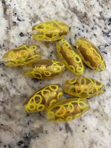 8 GOLD WITH YELLOW OVAL- Lampwork Glass Beads   24mm  DIY JEWELRY MAKING