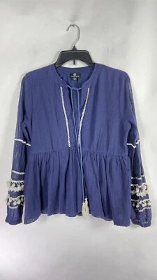 Curations Womens Peasant Blouse V Neck Tassel Fringes Long Sleeve Blue White S.  - Image 1 of 4