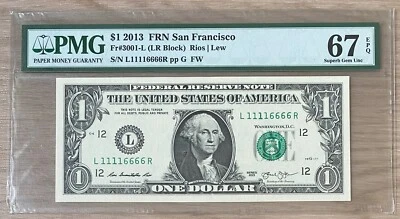 $1 US 2013 BINARY QUAD DOUBLE NOTE Fancy Serial Number 11116666 - PMG 67 EPQ - Image 1 of 2