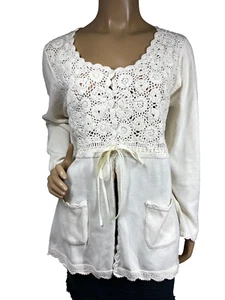 April Cornell Ribbon Rose Crochet Sweater Size L In Ecru Tie Waist New With Tag - Picture 1 of 13