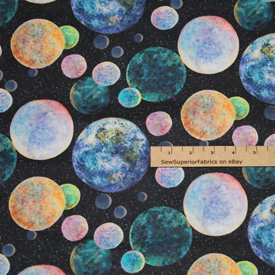 Celestial Journey Black Planets 3 Wishes Digital Print Fabric  1/2 Yard  #17132 - Image 1 of 2