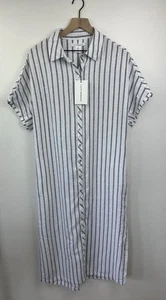 Lucky Brand Linen Blend Button Front Shirt Midi Dress Large White Gray Stripped - Picture 1 of 24