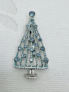 Vintage Blue Rhinestone Rhodium Finish Silver Tone Christmas Tree Brooch Pin2.5" - Picture 1 of 5
