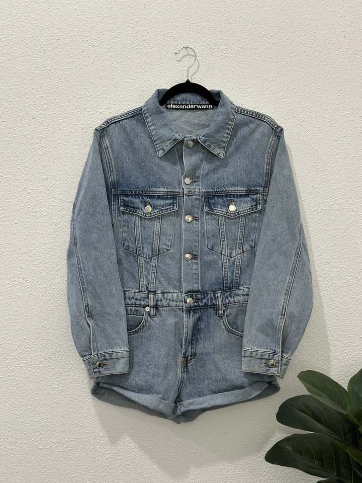 Alexander Wang 牛仔连身裤高腰纽扣美国制造 S 码 — 第 1/4 张图片