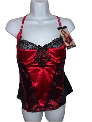 Nuevo con etiquetas Bustier y tanga de satén elástico brillante de encaje de siete hasta medianoche TALLA 1x/2x Foto 1 de 4