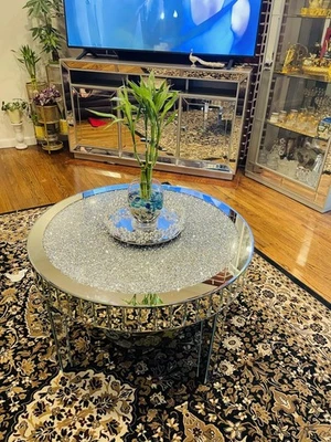 Mesa de centro redonda de 18 pulgadas de alto con incrustaciones de diamantes para sala de estar Foto 1 de 4