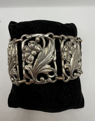 Brazalete de plata esterlina Danecraft firmado de colección 7" 1,5" ancho floral 6 paneles Foto 1 de 4