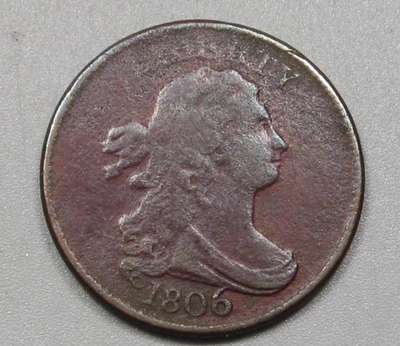 VF but pitted 1806 Large 6 w/ Stems Draped Bust US Half Cent. - Image 1 of 4