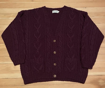 Cardigã LL Bean 100% lã tamanho L marrom malha cabo pescador suéter oversized - Imagem 1 de 4
