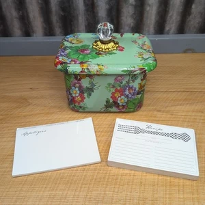 MacKenzie Childs Flower Market Green Enamel Recipe Box w/ Cards Glass Knob New - Picture 1 of 13
