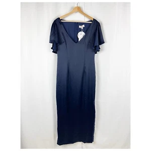Boohoo Women's Long Dress Size 10 Maxi Flutter Sleeve Navy Blue Side Slit Lined - Picture 1 of 8