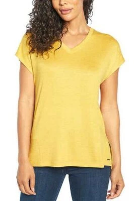 NUEVO CON ETIQUETAS TOP TEJIDO TÚNICA MANGA CORTA CUELLO EN V MOSTAZA MACIZA ORVIS TALLA M #C717 Foto 1 de 3