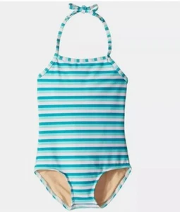 NWT Toobydoo Baby Girl's Aqua Stripe One-Piece Swimsuit, Blue, Size 11-12 - Picture 1 of 3