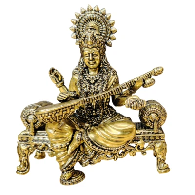 Estatua de latón Sarasvati hecha a mano escultura estatuilla hindú religiosa bendición dios Foto 1 de 4