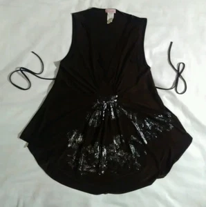 Blouse top Brown dark silver shiny polyester spandex v neck lamasini - Picture 1 of 10