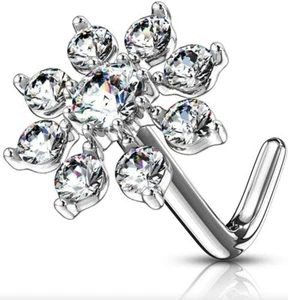 Snowflakes L Stud Silver Crystal Dangling Dangle Drop Nose Hoop Stud Ring Nose R - Picture 1 of 5
