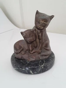 Vintage Bronze Figurine Statue On Marble Base, Two Cats, Heavy, 5 3/8 in, Patina - Picture 1 of 11