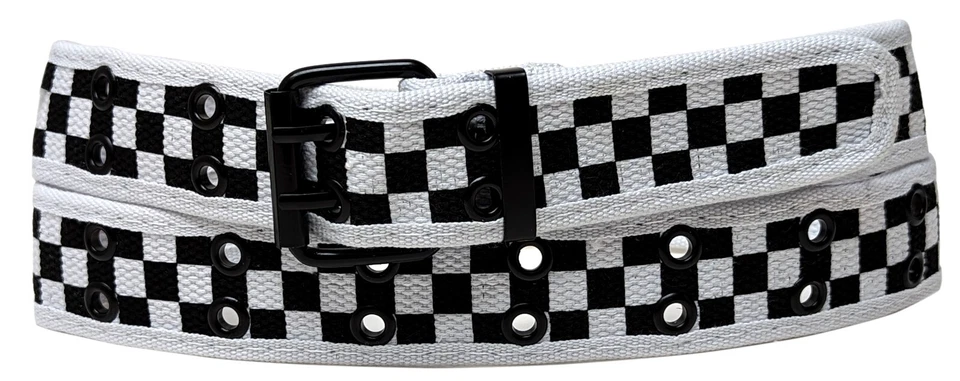 Black White Navy Checker 2 Holes Row Grommet Stitched Canvas Military Web Belt - Image 1 of 1