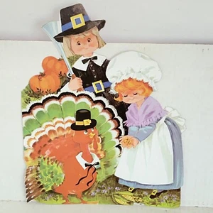 Vintage Eureka Die Cut Thanksgiving Cardboard Decoration Pilgrims & Turkey - Picture 1 of 8