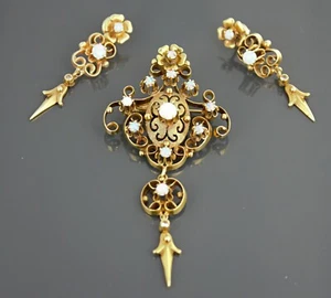 Victorian 14k Yellow Gold Earrings and Pendant/Brooch 15 Opals Set - Picture 1 of 7