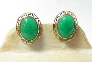 SOLID 14K GOLD EARRINGS W / GREEN OVAL NATURAL JADE FOR PIERCED EARS - Picture 1 of 3