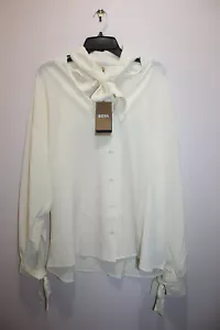 HUGO BOSS WOMENS BISCARFA TIE-NECK BLOUSE 100% SILK BUTTON-FRONT IVORY SIZ 10 US - Picture 1 of 6