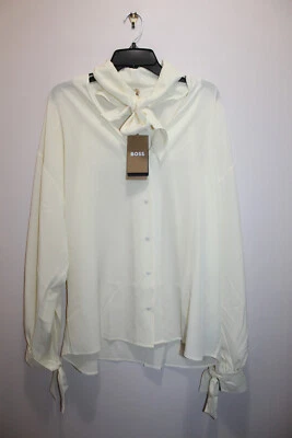 HUGO BOSS MUJER BISCARFA BLUSA CUELLO LAZADO 100% SEDA BOTÓN DELANTERO MARFIL TALLA 10 EE. UU. Foto 1 de 4