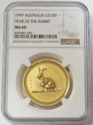 1999 GOLD AUSTRALIA $100 LUNAR YEAR OF THE RABBIT SERIES I NGC MINT STATE 69 - Image 1 of 2