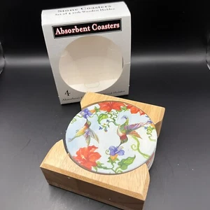 Absorbent Round Coasters Hummingbird Flowers Set of 4 with Wood Holder - Picture 1 of 18
