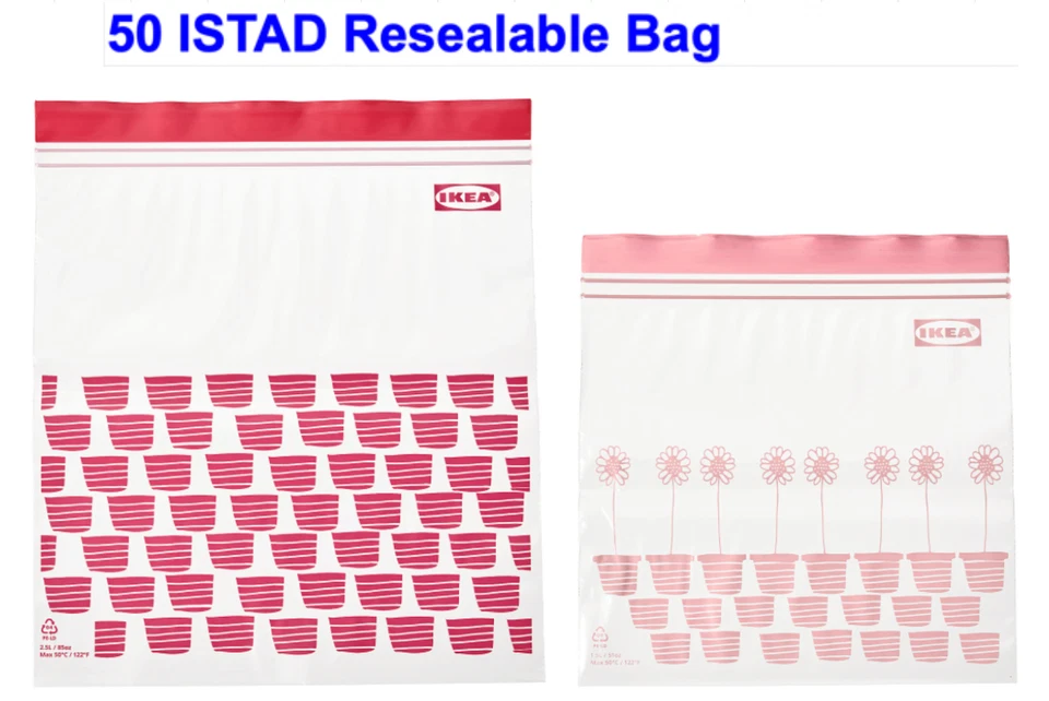 50 IKEA ISTAD Bolsa Resellable, Bolsa Congelador Rojo/Rosa, 2.5L/1.2 L (3 qt/1qt) Foto 1 de 4