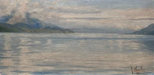 Antico dipinto originale paesaggio marittimo, vista mare, montagna, interlaghi - Foto 1 di 8